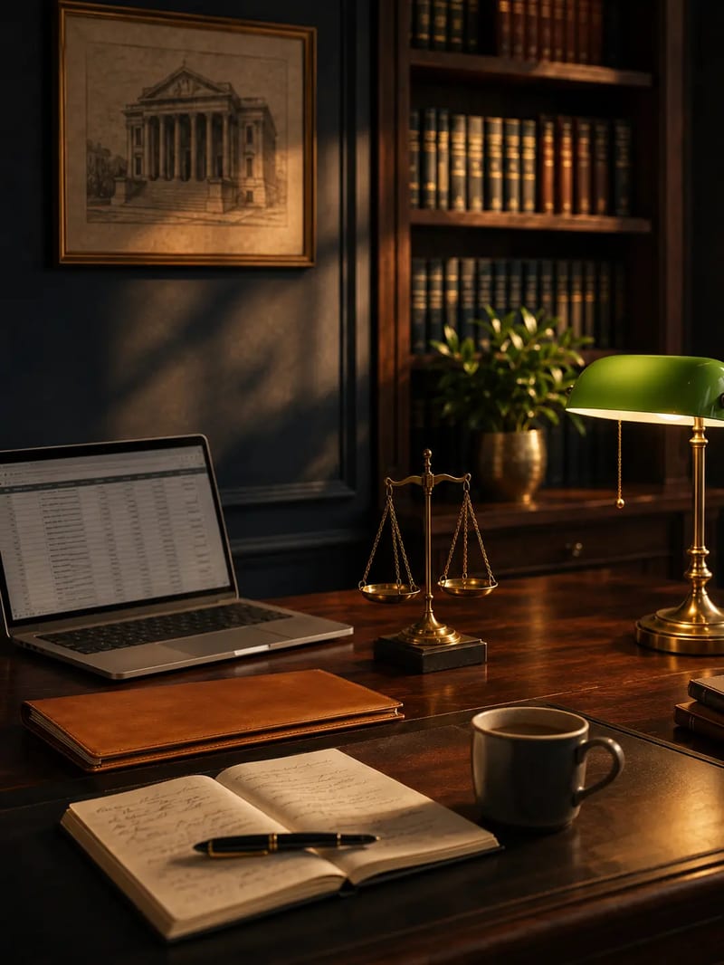 Experiencia y confianza del equipo del Receptor Judicial Escritorio del equipo del Receptor Judicial de Concepción con laptop, balanza de la justicia, libreta de notas, lámpara verde de banca, biblioteca legal y grabado del Palacio de Tribunales