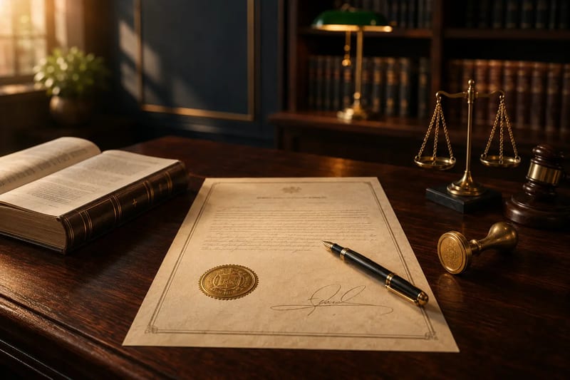 Nombramiento del Receptor Judicial en Chile Documento oficial de nombramiento del Receptor Judicial con sello dorado, pluma estilográfica, Código Orgánico de Tribunales, balanza de la justicia y mazo
