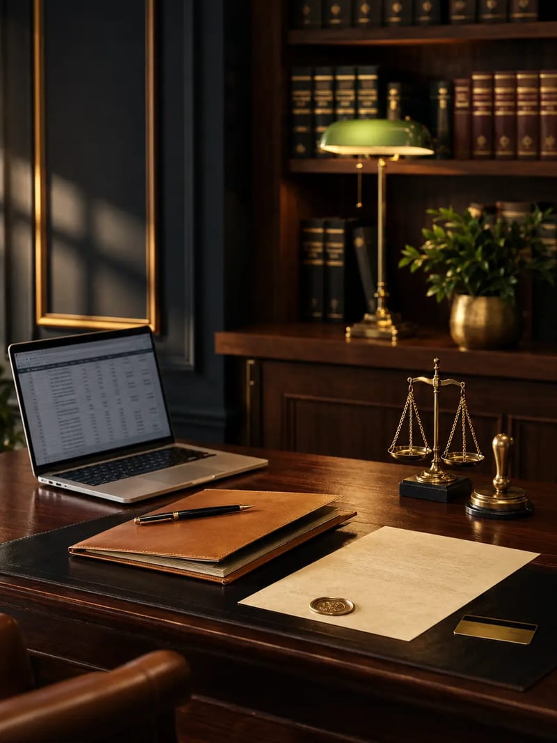Oficina del Receptor Judicial de Concepción Detalle del escritorio profesional del Receptor Judicial de Concepción con laptop, balanza, sello oficial y documentos