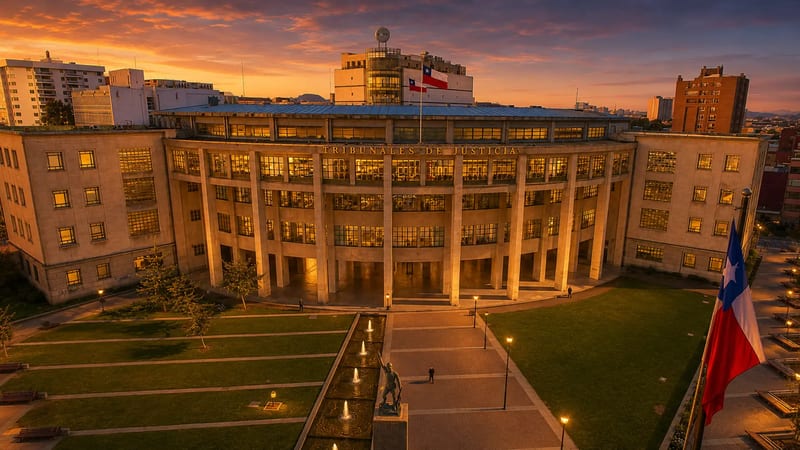 Palacio de Tribunales de Justicia de Concepción al atardecer Fachada del Palacio de Tribunales de Justicia de Concepción al atardecer, con la inscripción dorada "TRIBUNALES DE JUSTICIA" iluminada, bandera de Chile y plaza con fuente en primer plano.
